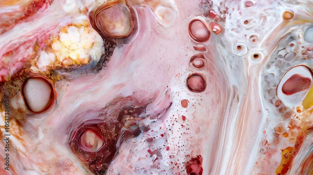 Poster abstract mix of vibrant liquid paint with bubbles, creating a rich and dynamic texture in warm tones