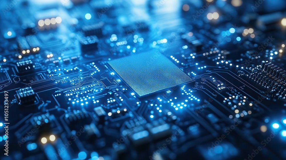 Poster sleek, modern circuit board design with empty space for text, in white and blue tones.image
