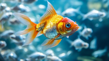 Obraz premium A single goldfish in a tank filled with hundreds of identical silver fish, swimming confidently and freely