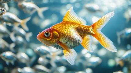 A single goldfish in a tank filled with hundreds of identical silver fish, swimming confidently and freely