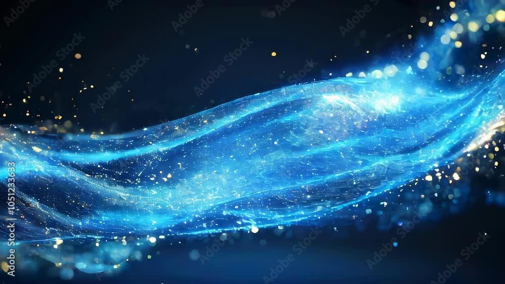 Poster abstract blue wave composed of sparkling light particles, creating a sense of motion and energy with