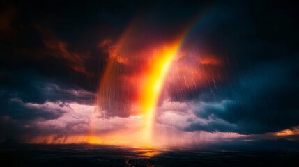 Fototapeta premium A single, radiant rainbow piercing through a grey, rainy sky, capturing the attention of all who look up