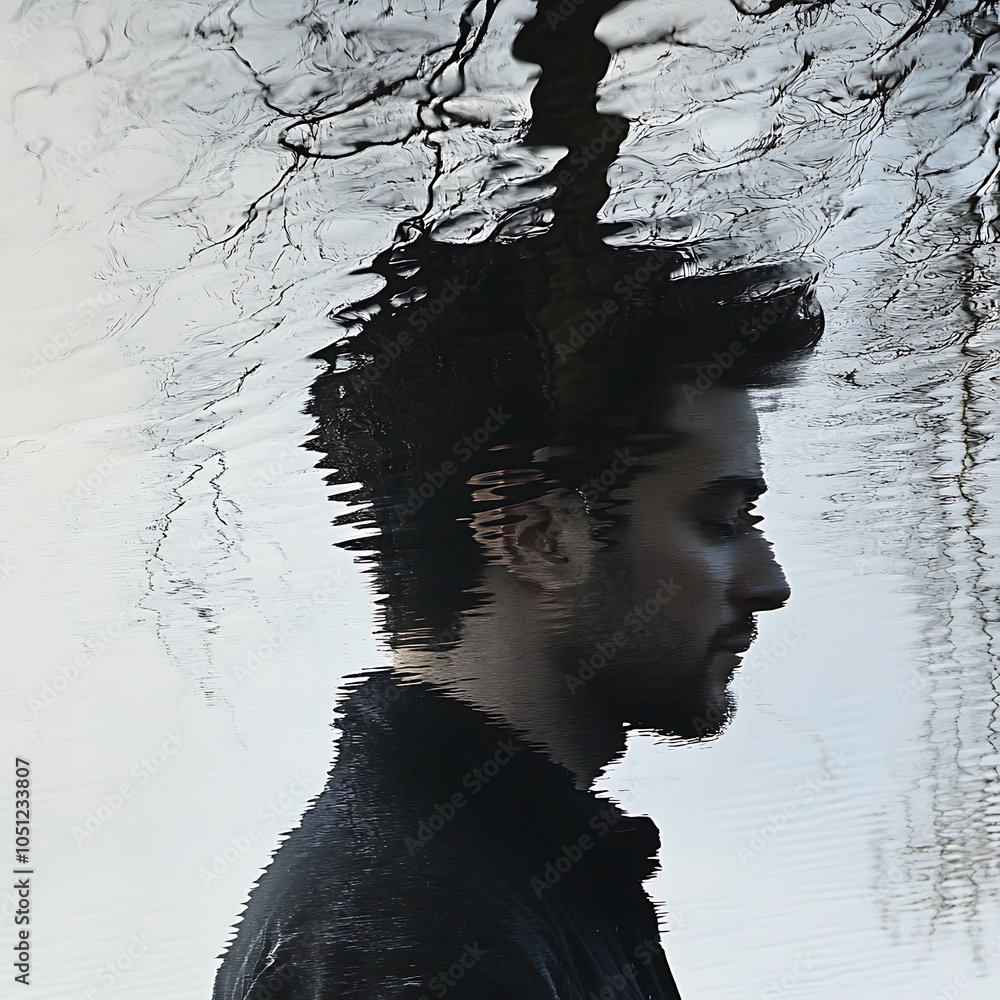 Aufkleber a contemplative profile of a man reflected in water, creating a surreal interplay between reality an