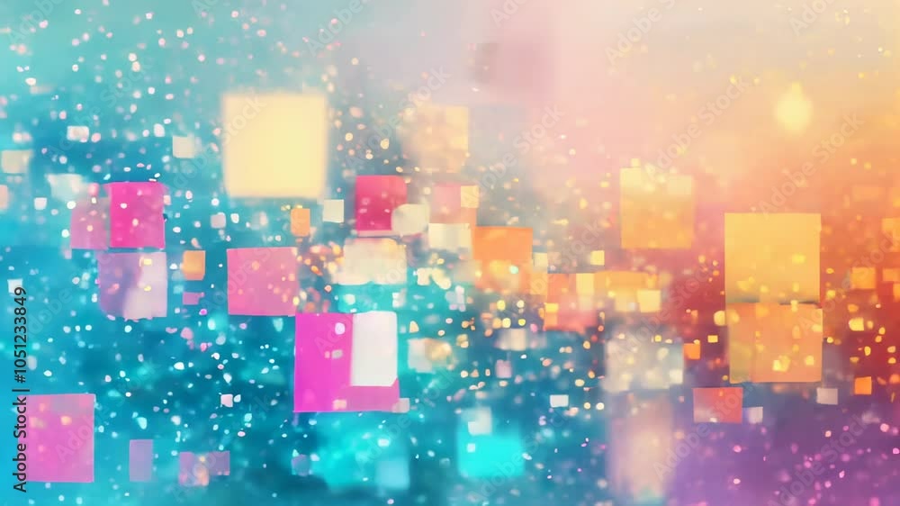 Poster colorful abstract composition of squares and light particles, creating a modern digital aesthetic wi