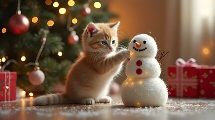Adorable white kitten with a snowman and gifts near a Christmas tree in a snowy outdoor scene
