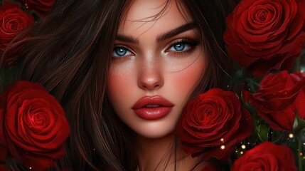 Naklejka premium Woman surrounded by red roses