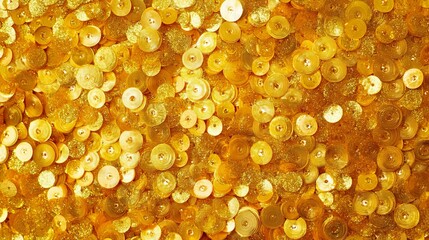 Golden glitter and yellow sequins create a holiday atmosphere.