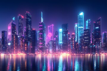 Obraz premium Futuristic Neon Cityscape at Night with Skyscrapers Reflecting in Water, Vibrant Urban Skyline