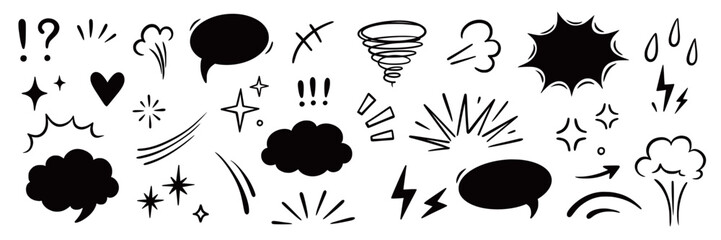 Comic cartoon effect smoke, boom element set. Comic speech bubble, boom burst, explosive smoke, line speed cartoon vector icon. Hand drawn sketch doodle speed element, splash. Vector illustration