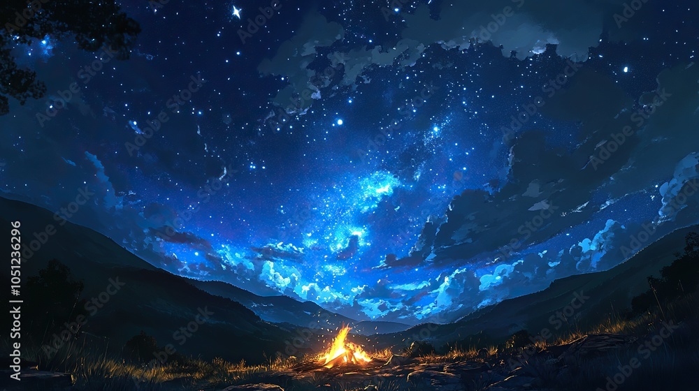 Wall mural camping fire under the amazing blue starry sky with a lot of shining stars and clouds.