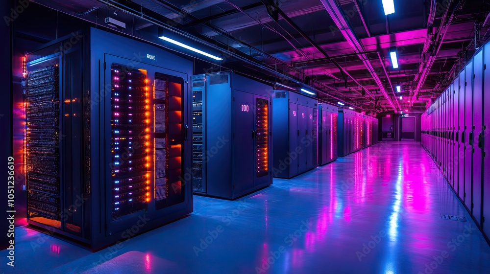 Poster spacious server room with rows of computer cabinets, lit by bright lights to highlight the advanced 