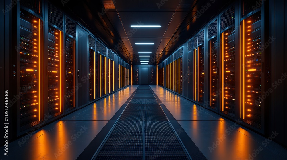 Aufkleber spacious server room with rows of computer cabinets, lit by bright lights to highlight the advanced 