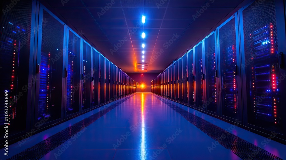 Aufkleber spacious server room with rows of computer cabinets, lit by bright lights to highlight the advanced 