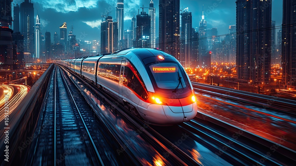 Aufkleber speeding train on city background, symbolizing the fast pace of cloud computing.illustration
