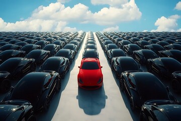Black and red sports cars amongst many white cars 3D Illustration