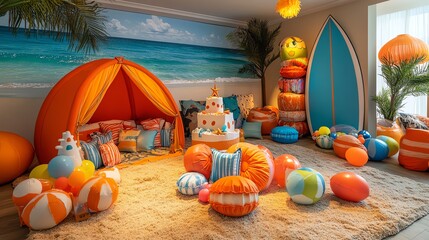 Vibrant beach-themed playroom decor for kids' joyful adventures
