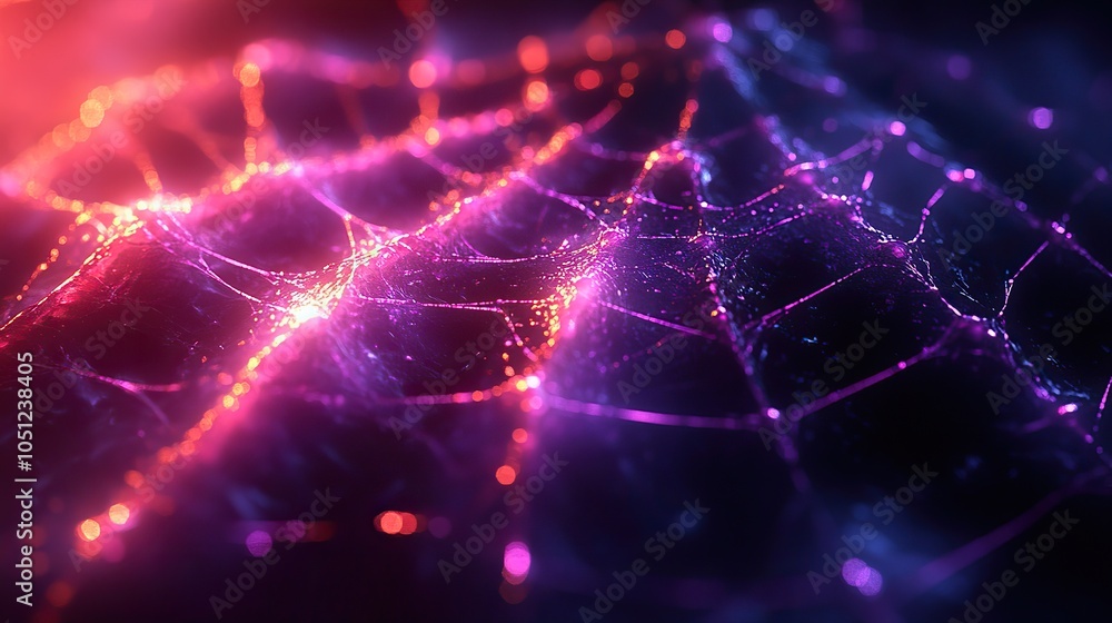 Poster spooky spider web pattern in purple tones, adding an eerie touch to black background.image