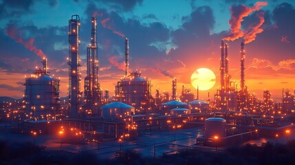 Obraz premium sprawling oil refinery and gas storage tanks dominate the industrial landscape in this illustration.stock photo