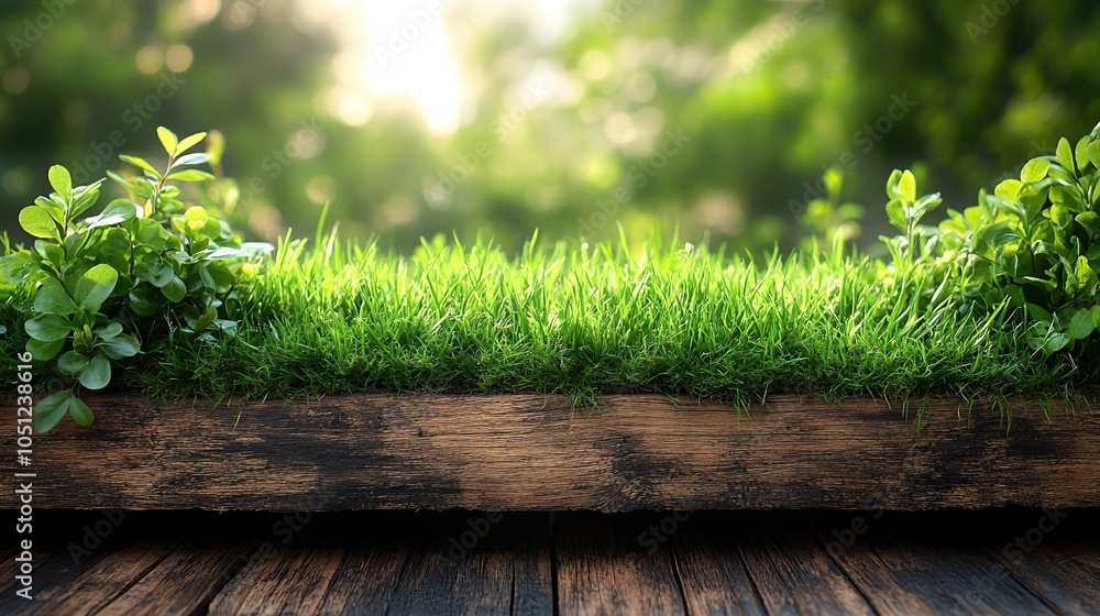 Poster springtime background with fresh green grass and wooden table top, ready for design use.illustration