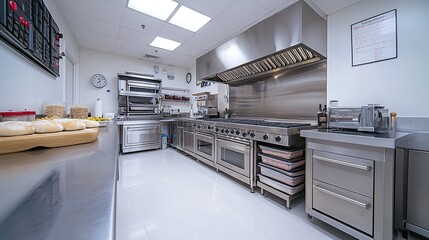 stainless-steel kitchen with bakery station and oven, providing clean and professional backdrop.image