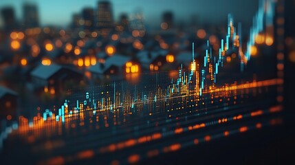 Obraz premium stock market chart with green and blue upward arrows, set against background of houses, symbolizing rising real estate trends.
