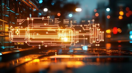 Illuminated Metallic Process Flow Diagram with Glowing Edges in Dark Industrial Setting