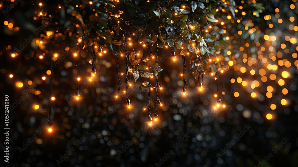 Aufkleber string of glowing lights hanging against black background, creating magical and festive mood.