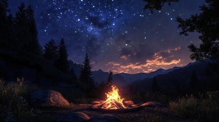 Exploring the wilderness in summer. A glowing camp fire at dusk providing comfort and light to appreciate nature, good times and the night sky full of stars