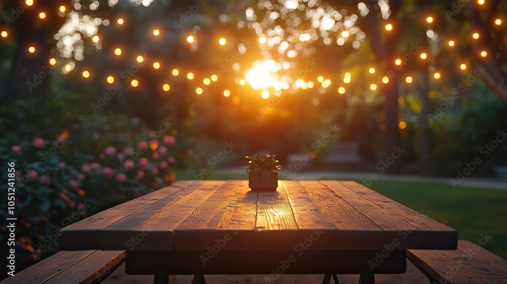 Poster summer-themed product mockup featuring wooden table and string lights in park setting.