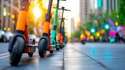 Fototapeta premium Urban Micro-Mobility Revolution: Electric Scooters and Bikes in Outdoor Event