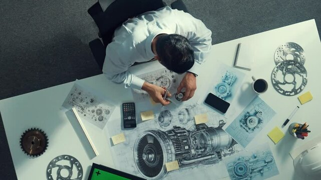 Top down view of skilled engineer writing and planning turbine engine design while sitting at meeting table with gear and electronic generator scatter around. Technician taking a note. Alimentation.