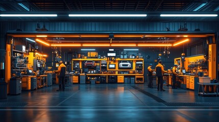 Modern Automotive Workshop with Workers and Car Displays