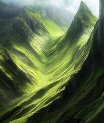 Lush green mountain valley with fog and sunlight.