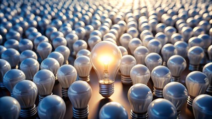 Fototapeta premium Aerial View of Glowing Light Bulb Among White Bulbs Symbolizing Innovative Ideas, Creative Solutions, Inspiration, Bright Ideas, Conceptual Thinking, Unique Perspectives