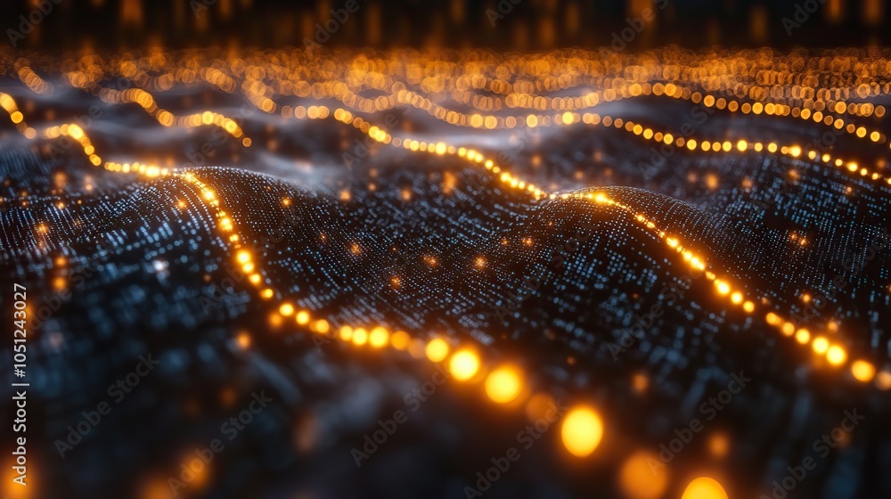 Poster technological background shows digital dat flowing in motion, representing big dat storage and transfer.stock photo