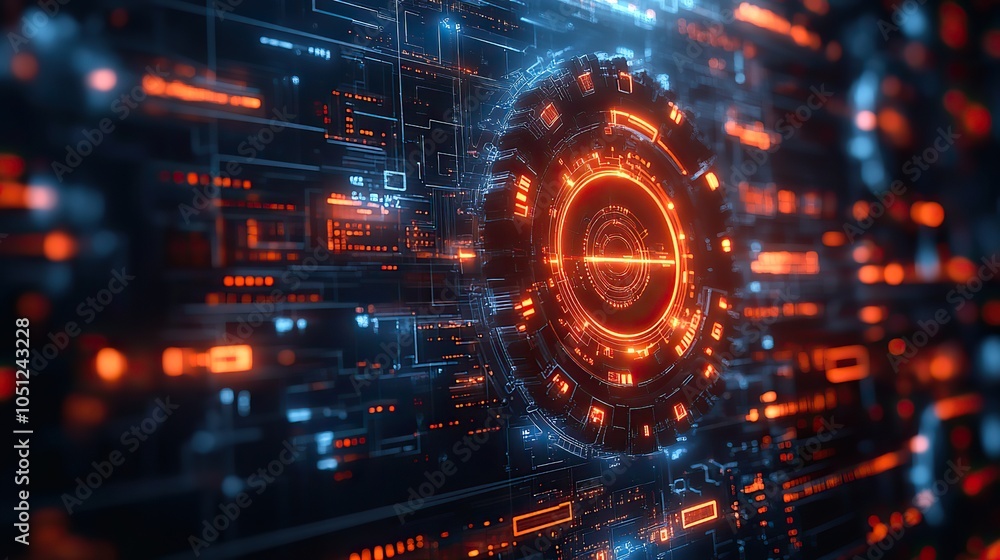Poster tech-themed background with digital elements and symbols, featuring circular gear on the right and s
