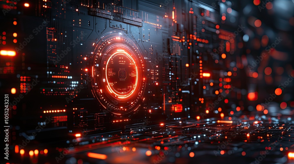 Poster tech-themed background with digital elements and symbols, featuring circular gear on the right and space for logo.stock photo