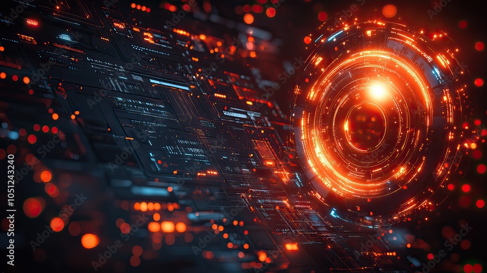 Poster tech-themed background with digital elements and symbols, featuring circular gear on the right and space for logo.
