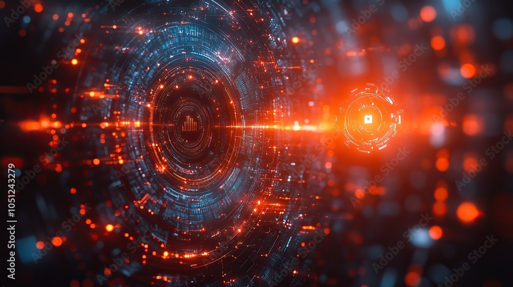 Poster tech-themed background with digital elements and symbols, featuring circular gear on the right and space for logo.image