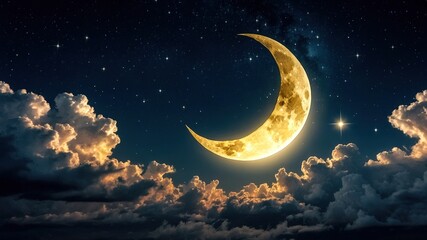 Naklejka premium Celestial Cloud Bed - Crescent Moon, Stars, Soft Yellow Sky