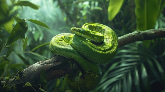 A bright green snake coiled around a sturdy tree branch in the dense forest.