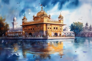 Pastel crayons sketch of Sri Harmandir Sahib, The Golden Temple in Punjab India.