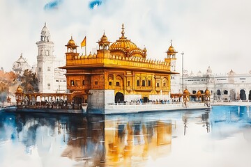 Pastel crayons sketch of Sri Harmandir Sahib, The Golden Temple in Punjab India.