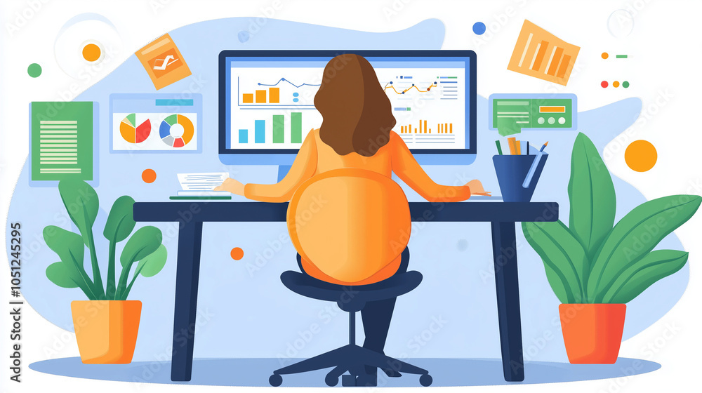 Poster data-driven success: a woman sits at her desk, facing a computer screen filled with graphs and chart