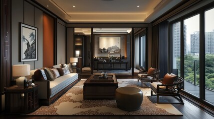 Apartment's living room in modern design with unique oriental furniture.