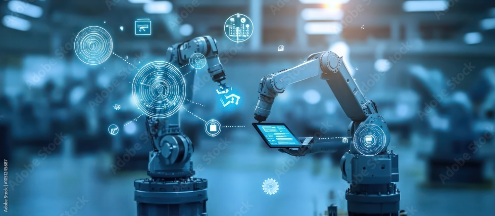 Poster robotic arms with digital interface in futuristic factory