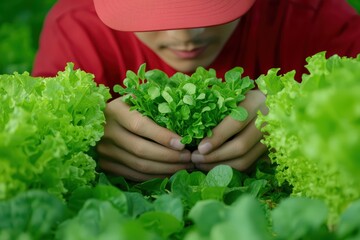 A person gently holding fresh green lettuce in a vibrant garden, surrounded by lush green plants.