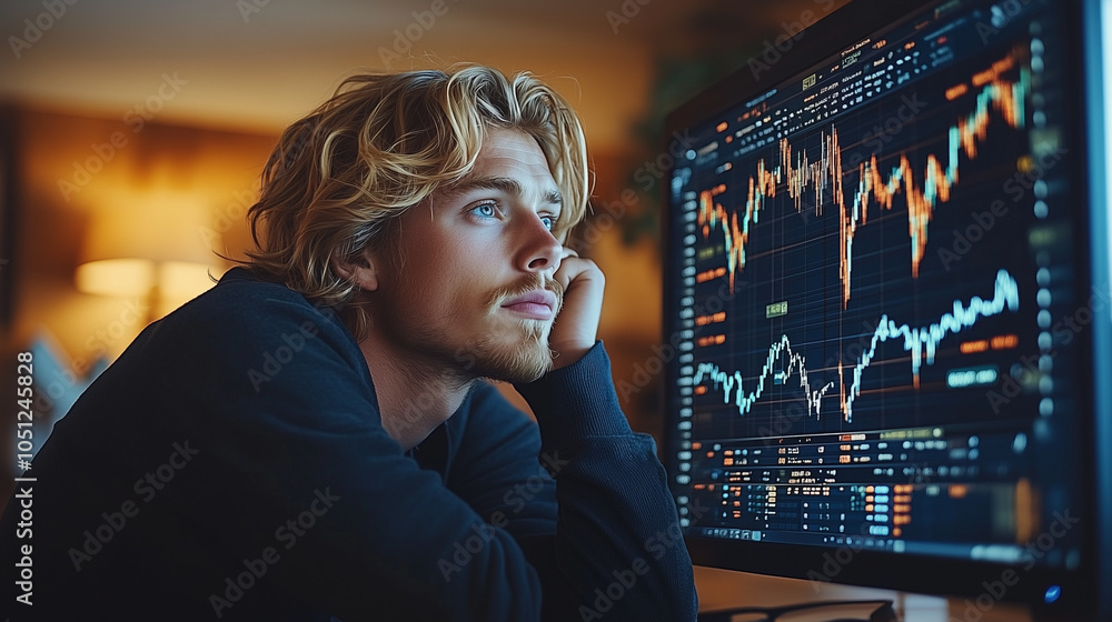Poster nightly market analysis: a young, pensive stock trader intently studies financial charts on a large 