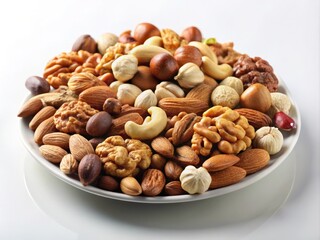 A Plate of Assorted Nuts on a Clean White Background for Healthy Snack Ideas, Nut Varieties, Food Photography, Snack Inspiration, Dietary Choices, Culinary Delights, and Natural Ingredients