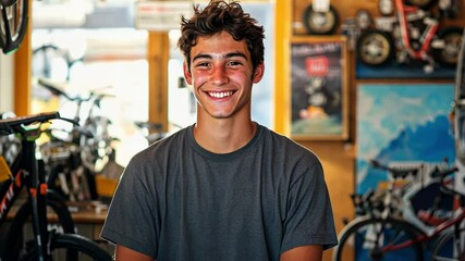 Cheerful Young Man in a Bike Shop